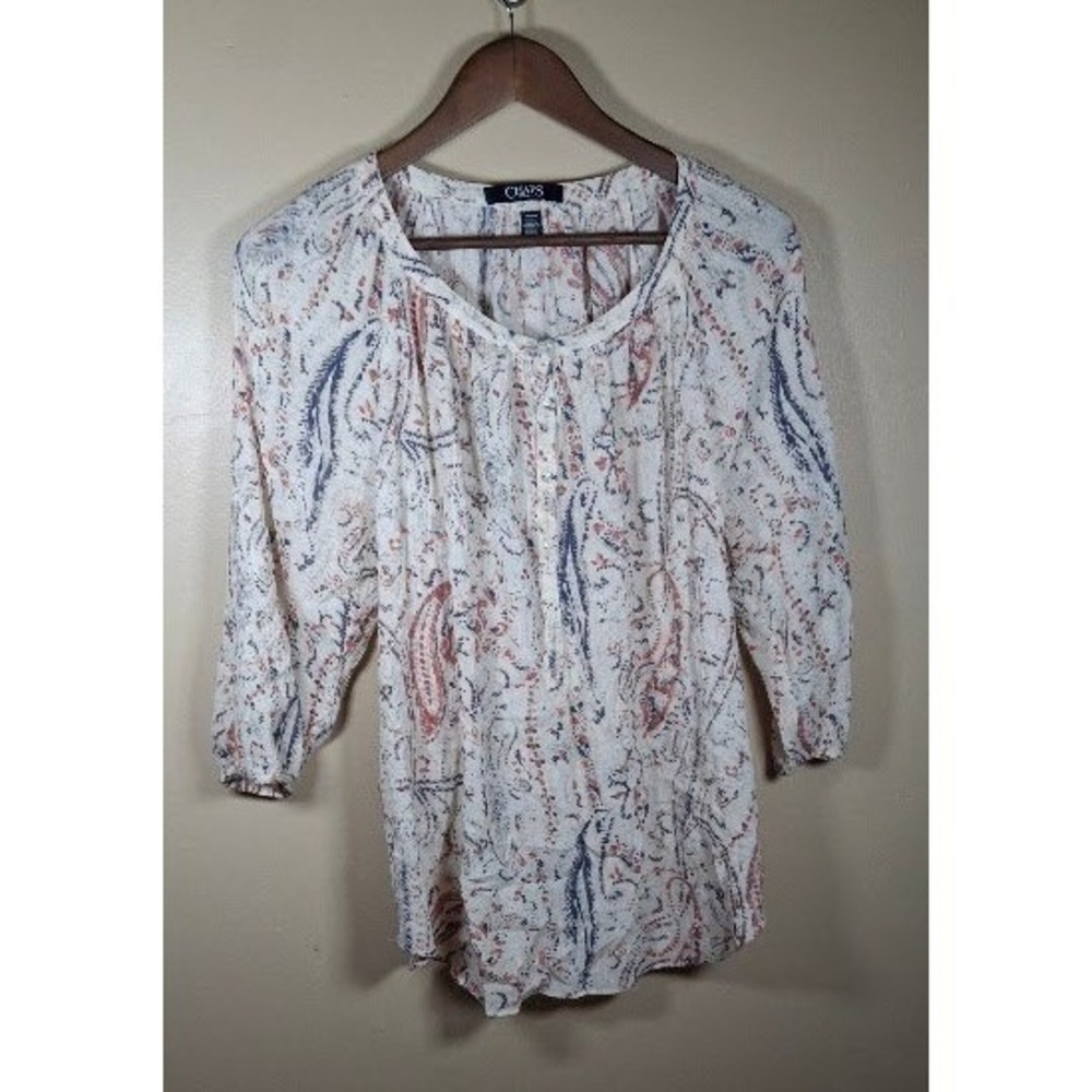Chaps Denim Womens Medium Paisley Peasant Blouse 3/4 Sleeve Button Neck Top